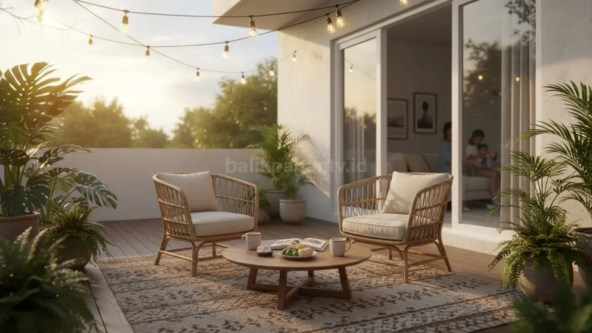 Teras rumah cozy modern dengan kursi rotan dan lampu warm light untuk santai keluarga (BTV/Ai)