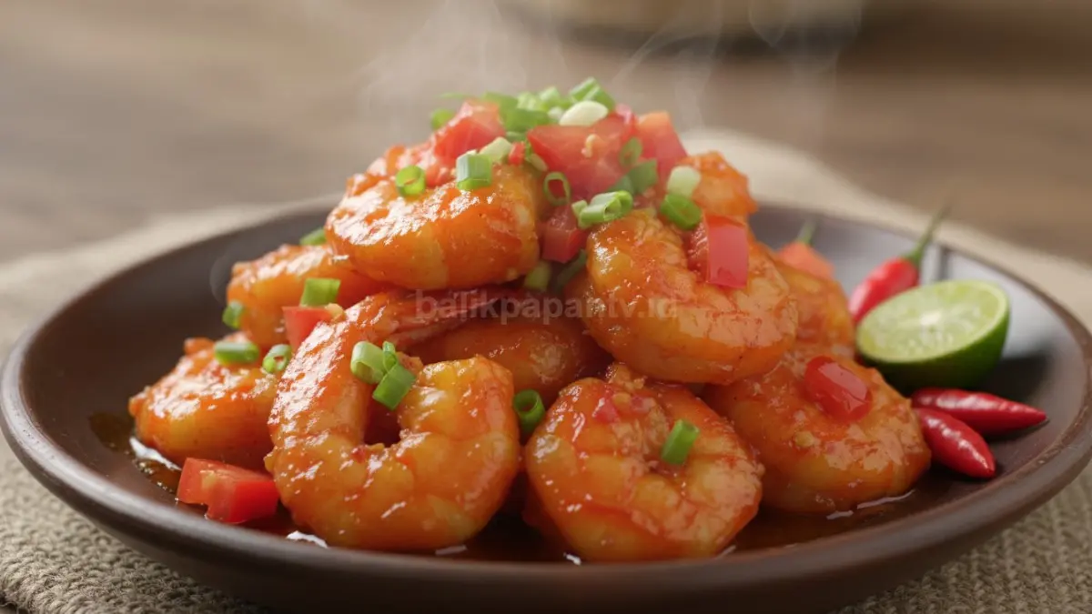 Udang saus sambal pedas manis dengan tomat dan daun bawang hangat menggoda selera makan malam.