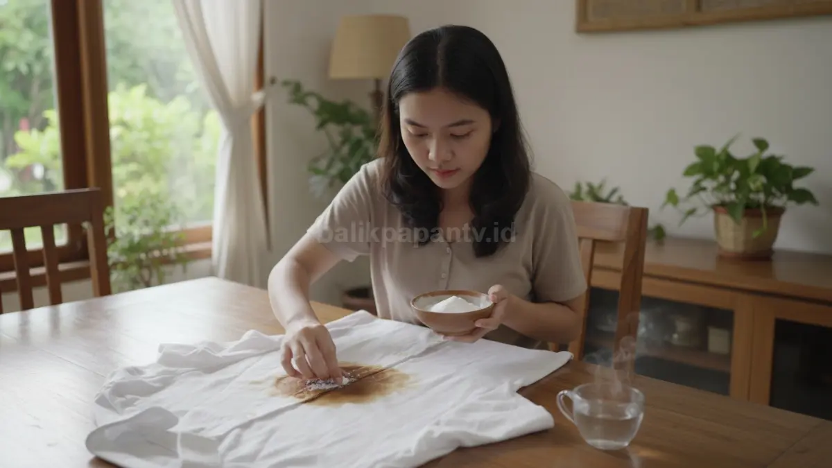 Wanita membersihkan noda kopi pada kemeja putih menggunakan baking soda dan air hangat di rumah. (BTV/AI)
