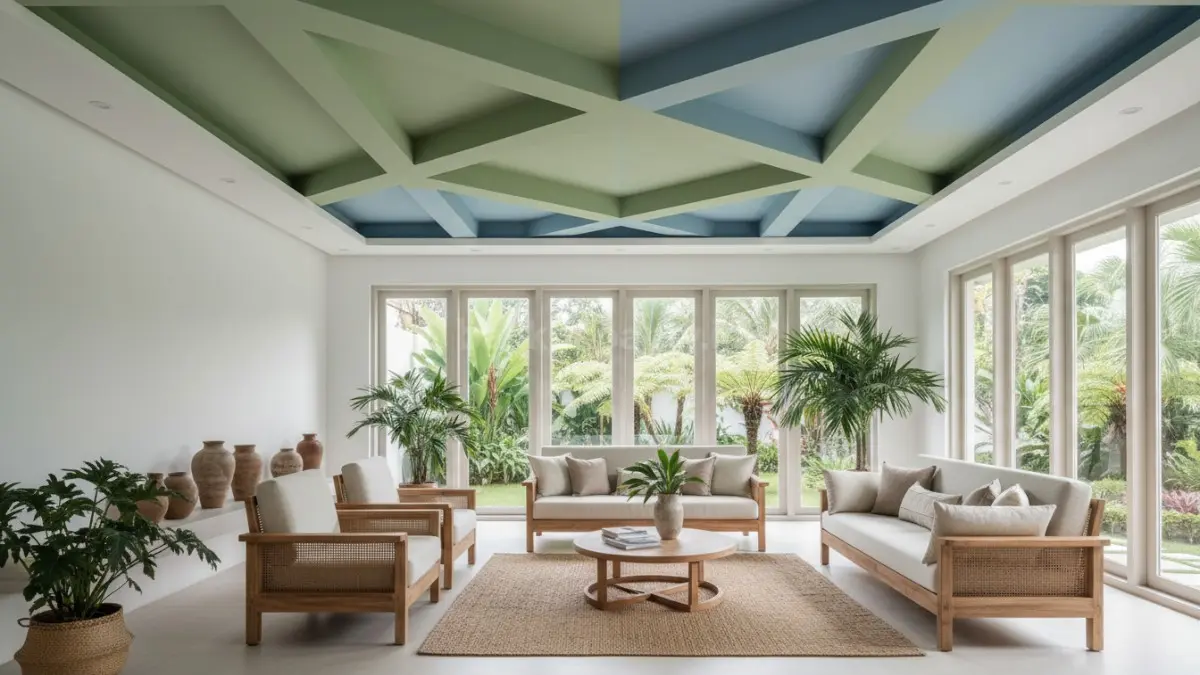 Warna plafon soft olive dan dusty blue bikin rumah modern terasa hangat, adem, sekaligus elegan alami. (BTV/AI) 
