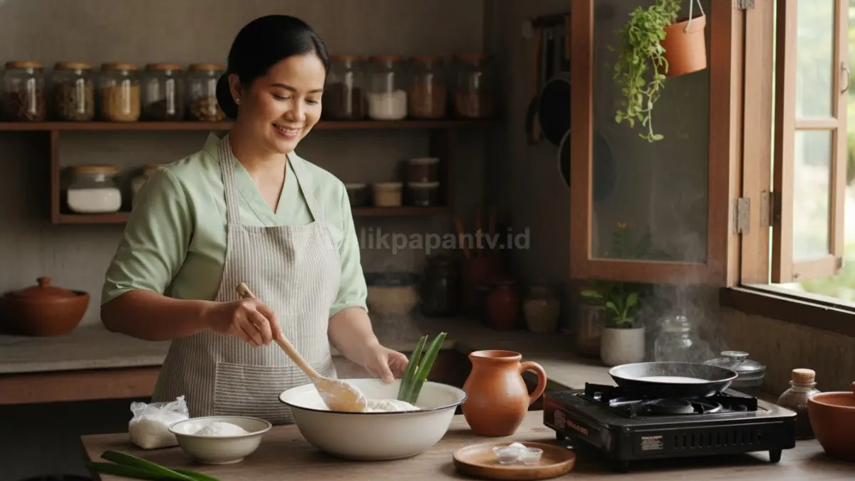 Adonan dimasak perlahan agar teksturnya lembut, halus, merata, dan tidak menggumpal saat dikukus nanti. (BTV/AI)