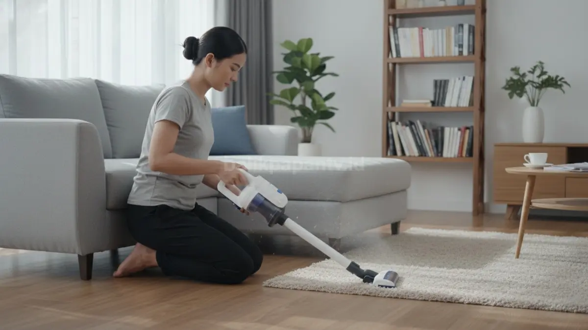 Aktivitas membersihkan bawah sofa memakai vacuum cleaner untuk mengangkat debu dan bulu halus di ruang 
