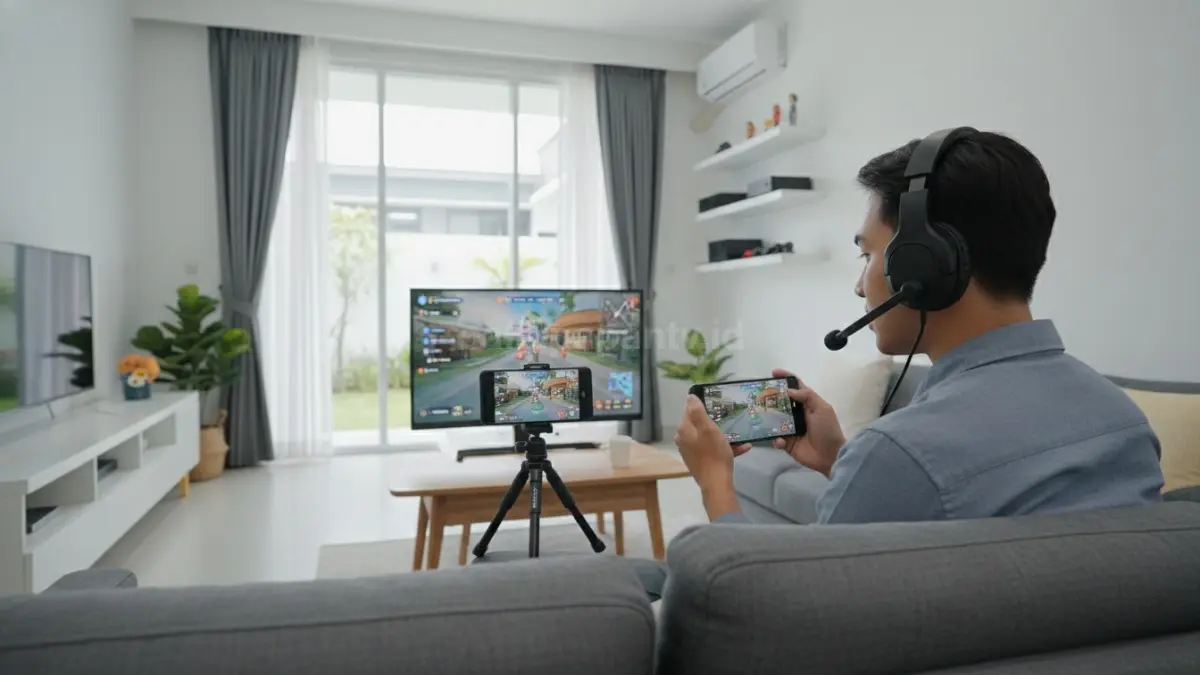 Aktivitas membuat konten tutorial game menggunakan ponsel dan headset gaming di rumah
