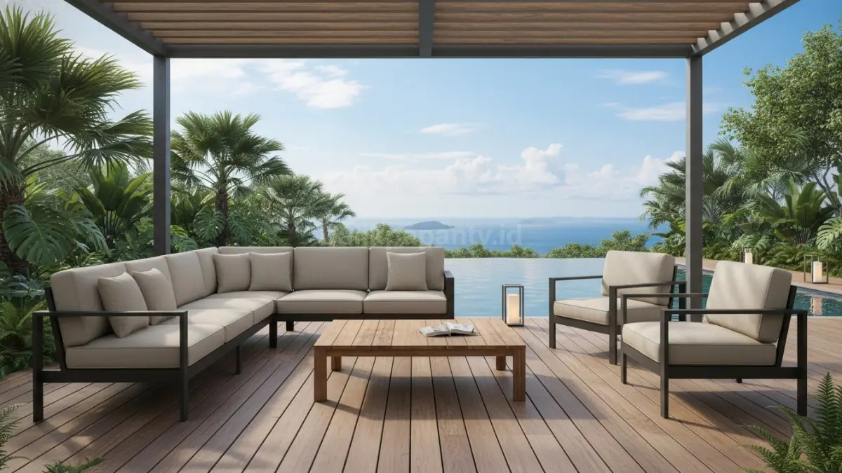 Aluminium powder coating populer untuk furnitur outdoor karena tahan karat dan tampil minimalis modern elegan.  (BTV/AI) 
