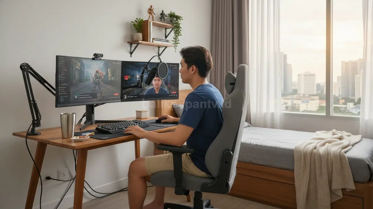 Anak muda sedang live streaming game dari kamar sederhana dengan suasana produktif dan santai
