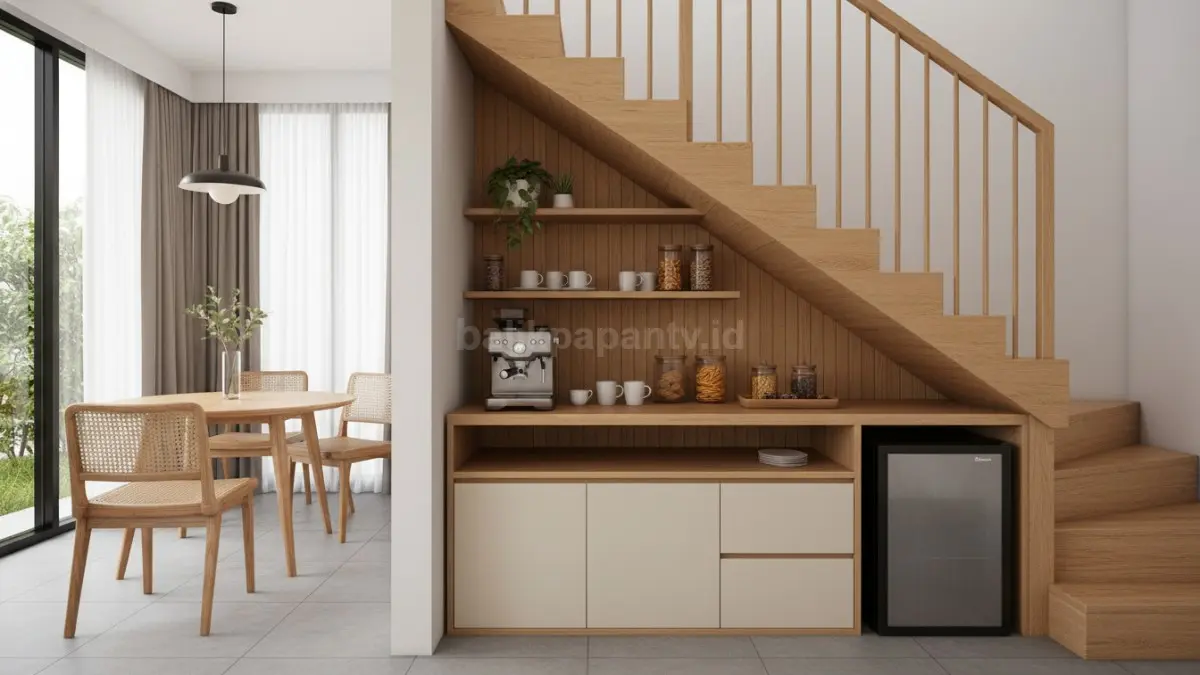 Area bawah tangga disulap jadi mini pantry dan coffee corner modern minimalis rumah 2026. (BTV/AI)
