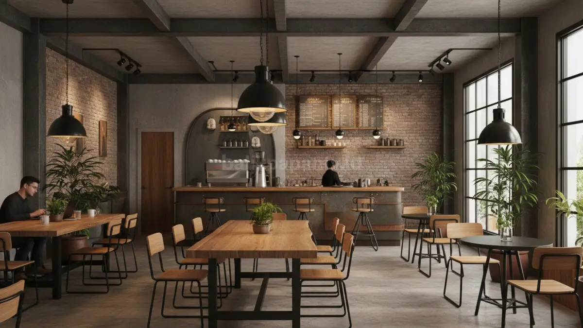 Area coffee shop semi outdoor memakai kombinasi semen ekspos dan furnitur kayu industrial