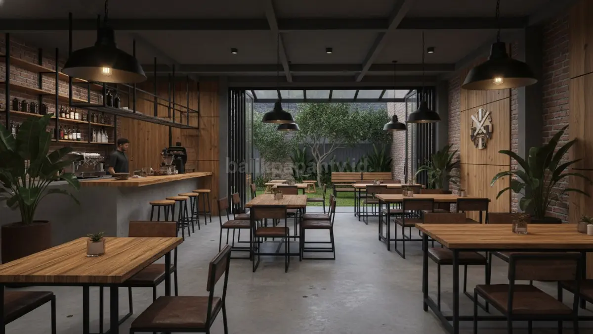 Area coffee shop semi outdoor memakai kombinasi semen ekspos dan furnitur kayu industrial