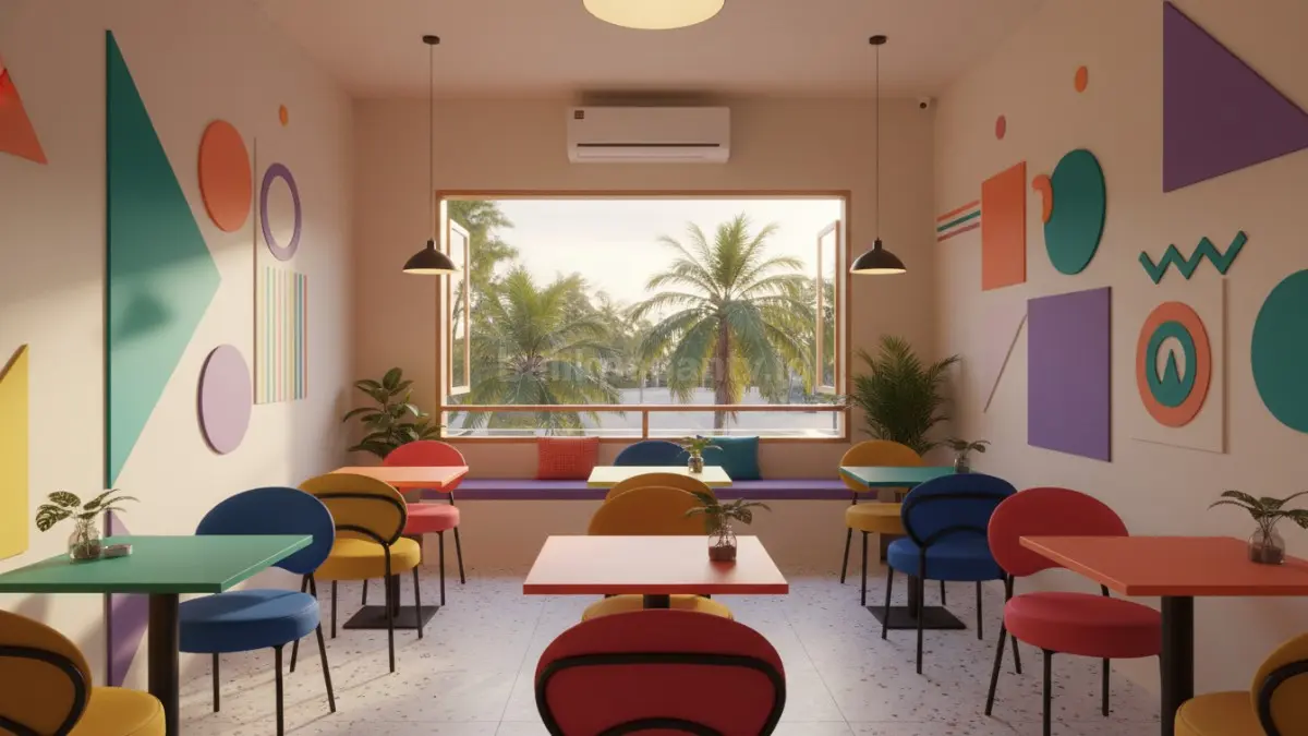 Area duduk geometris kontras dengan kursi bulat dan meja kotak, menghadirkan suasana kafe kecil lebih dinamis.