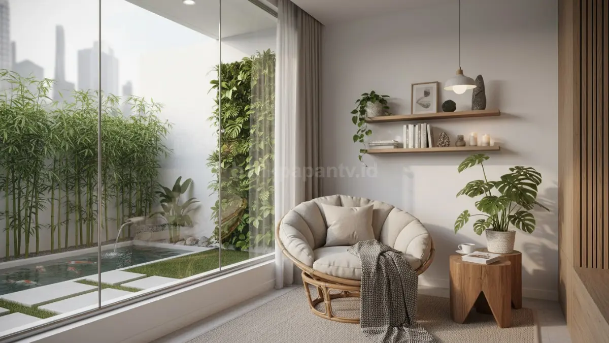 Area healing rumah modern dengan pencahayaan alami dan tanaman indoor tropis. (BTV/Ai)
