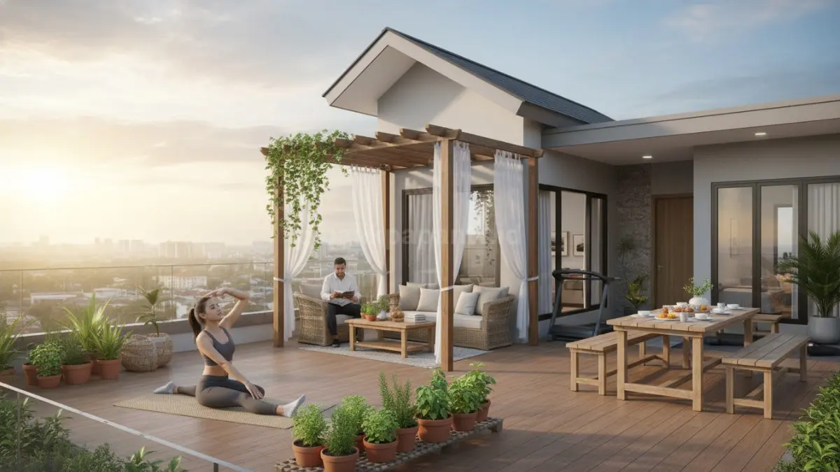 Area rooftop living modern untuk work from home dan relaksasi keluarga. (BTV/Ai)