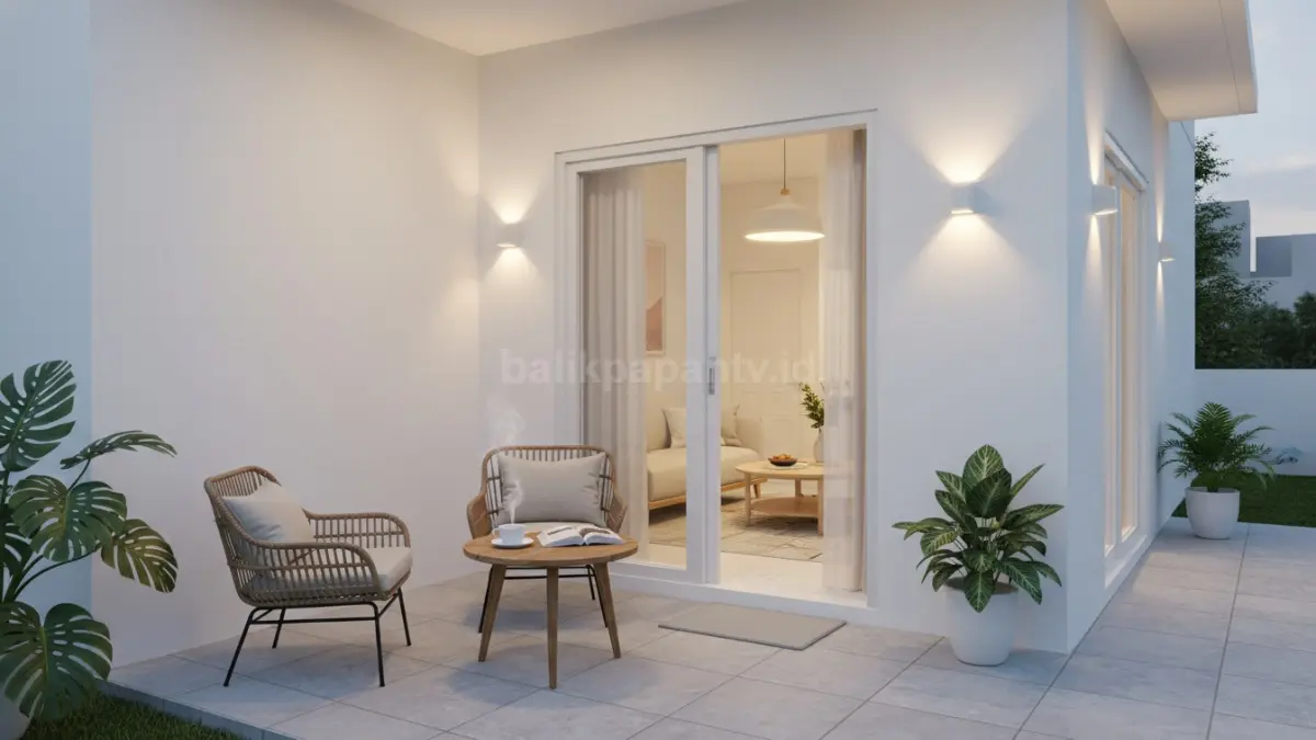 Area teras kecil rumah modern memakai warna putih dan pencahayaan warm white yang nyaman dipakai santai
