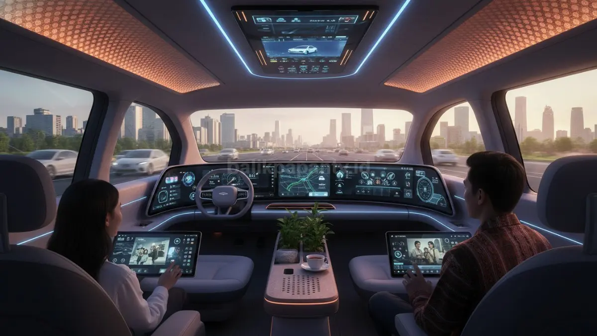 Auto China 2026 menampilkan mobil pintar futuristik dengan AI, hiburan, kenyamanan, dan fitur ruang hidup modern. (BTV/AI)