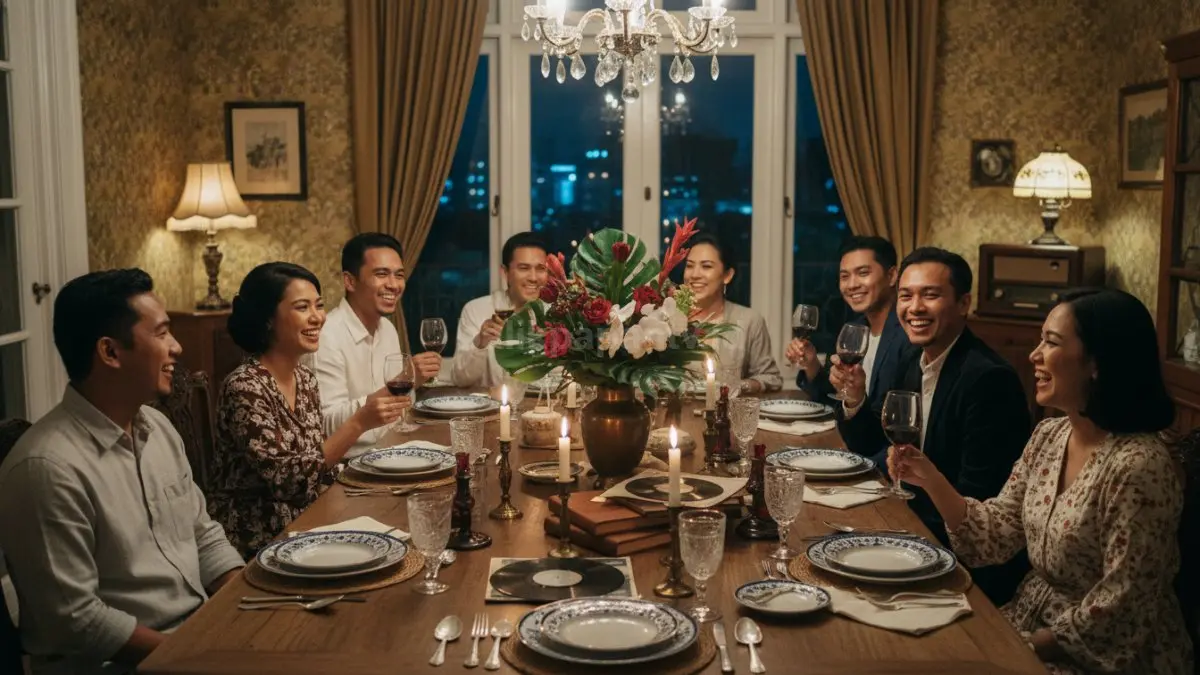 Barang vintage membuat dinner party terasa hangat, personal, elegan, dan penuh karakter estetik klasik modern.  (BTV/AI) 
