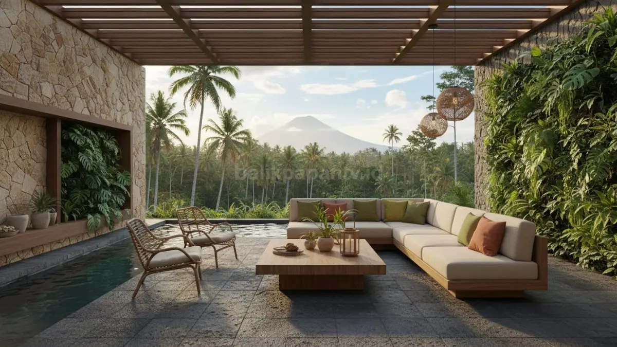 Batu andesit kasar aman untuk lantai outdoor karena tidak licin dan tampil natural elegan.  (BTV/AI) 
