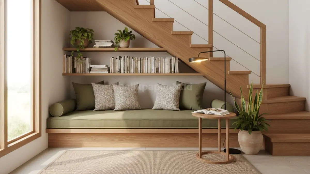 Bawah tangga diubah jadi ruang baca santai dengan bench empuk dan rak minimalis modern. (BTV/AI)
