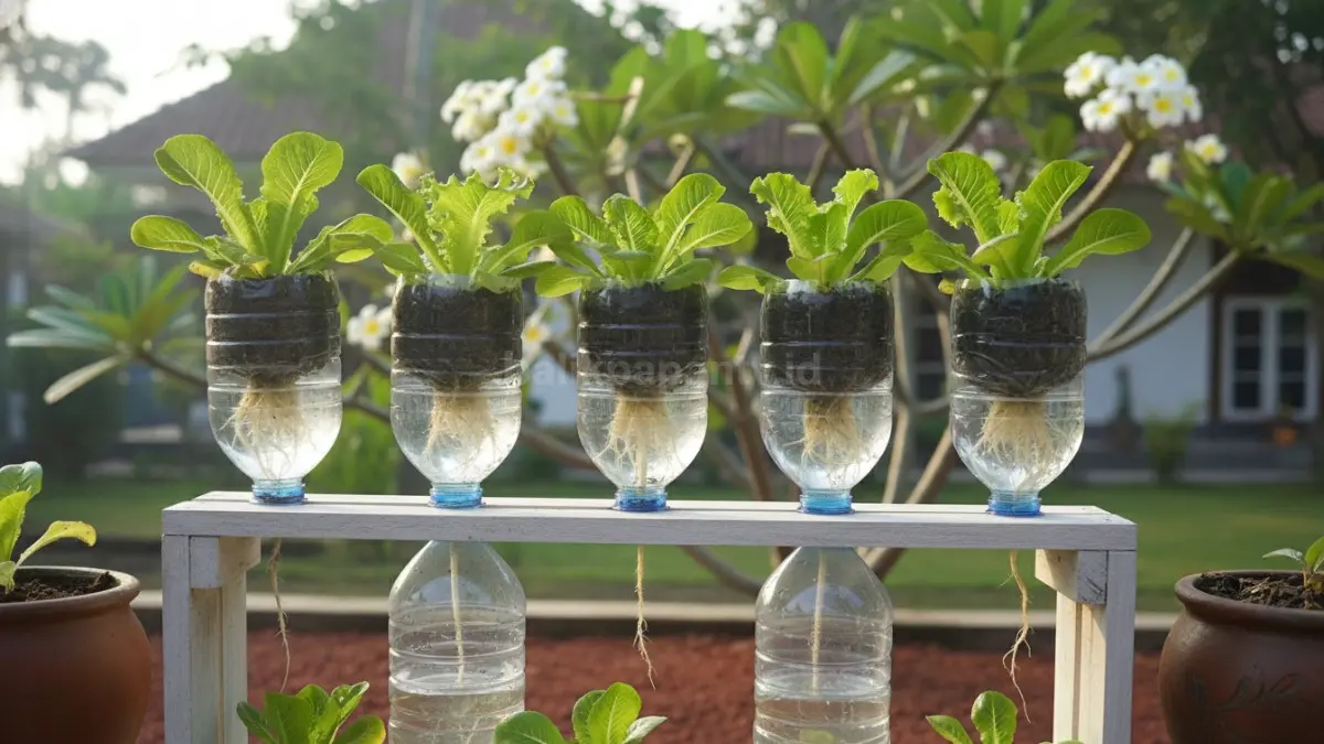 Botol plastik besar dimanfaatkan jadi penyiram tanaman dan pot hidroponik praktis rumah modern 2026. (BTV/AI)
