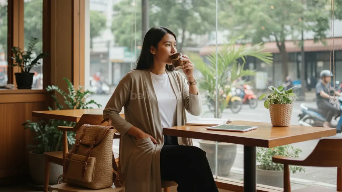 Cardigan travel modern nyaman dipakai di suhu berubah dan praktis untuk gaya perjalanan minimalis 2026. (BTV/AI)
