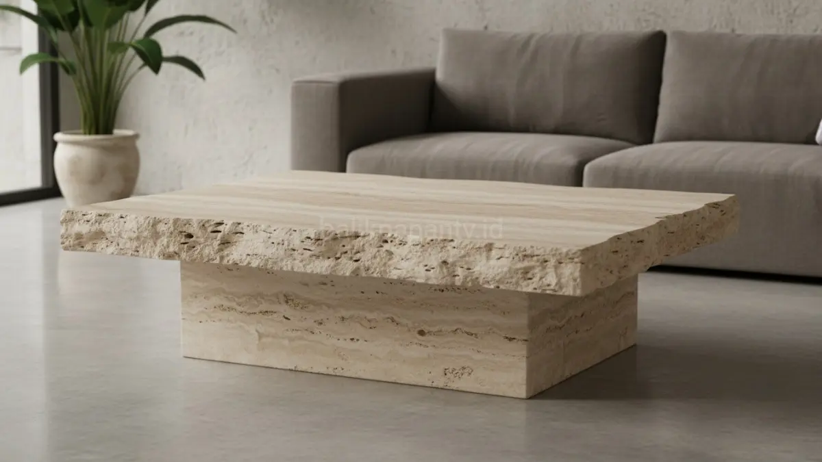 Coffee table batu alami memberi kesan premium, tahan lama, dan menghadirkan tekstur elegan pada interior modern.(BTV/AI) 