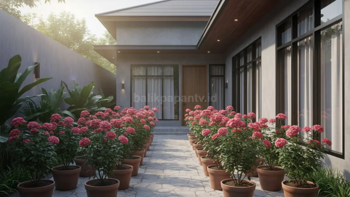 Deretan pot mawar merah muda di halaman sempit rumah modern tropis
