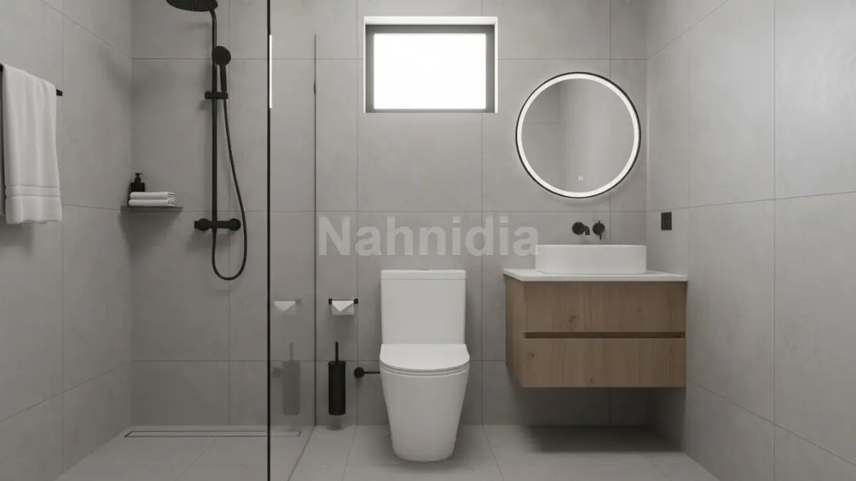 Desain kamar mandi apartemen sempit memakai kloset short projection hemat ruang dan mudah dibersihkan