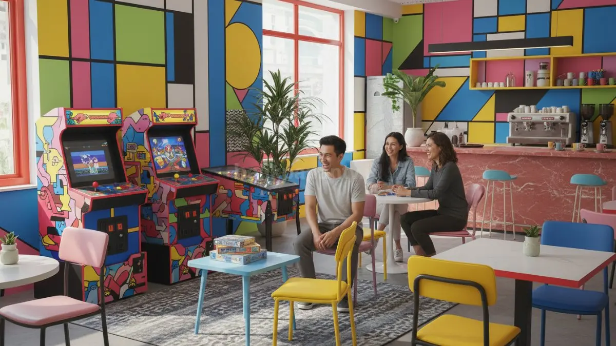 Desain meja dan kursi kafe modern warna pastel cerah untuk ruang nongkrong anak muda
