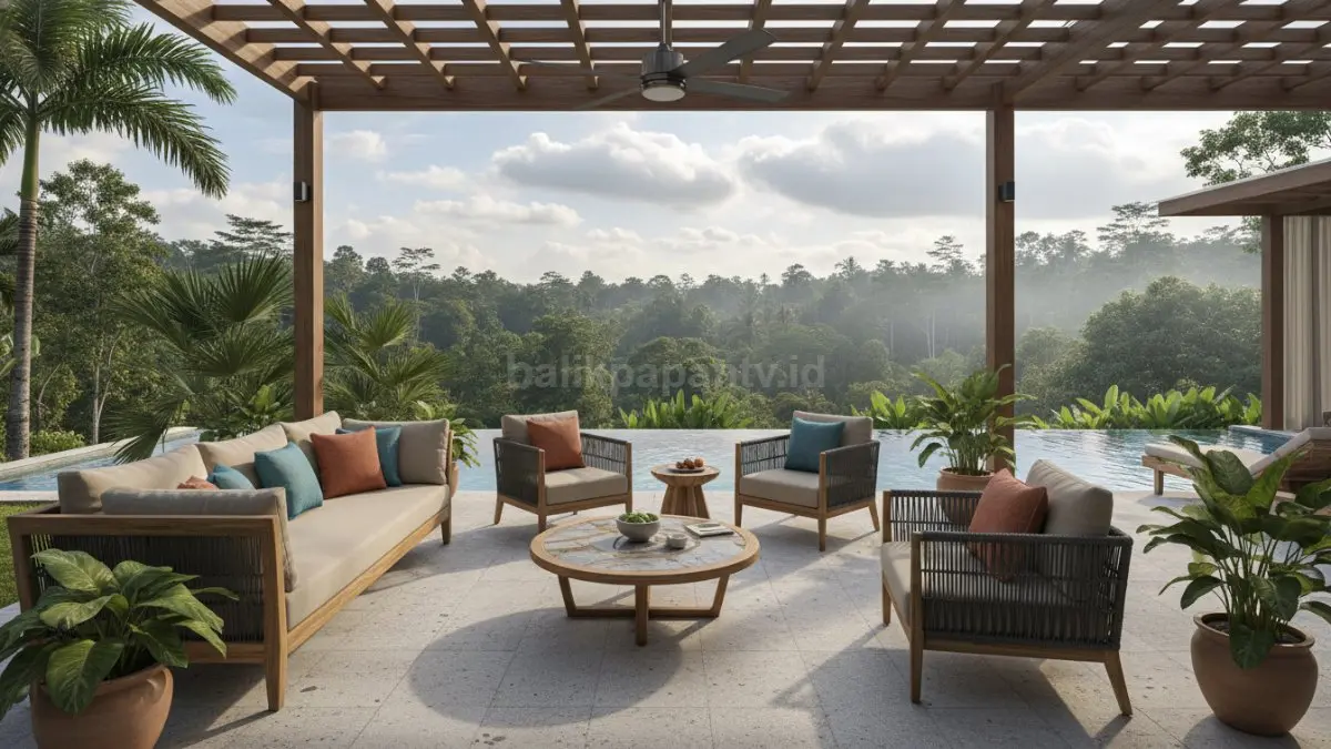 Desainer menata outdoor living room berdasarkan cahaya, angin, dan jarak furnitur agar tetap nyaman digunakan. (BTV/AI) 
