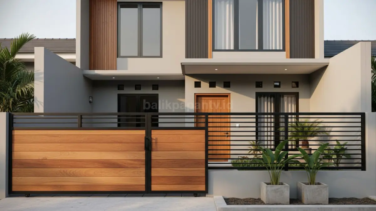 Detail kisi kayu horizontal pada pagar rumah modern dengan konsep minimalis tropis. (BTV/Ai)