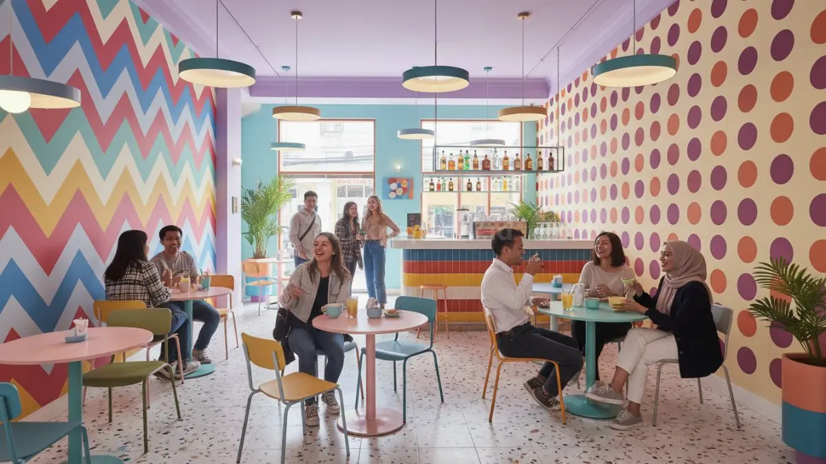 Dinding zig-zag dan polkadot warna cerah menciptakan spot foto unik, playful, sekaligus mencolok bagi pengunjung.