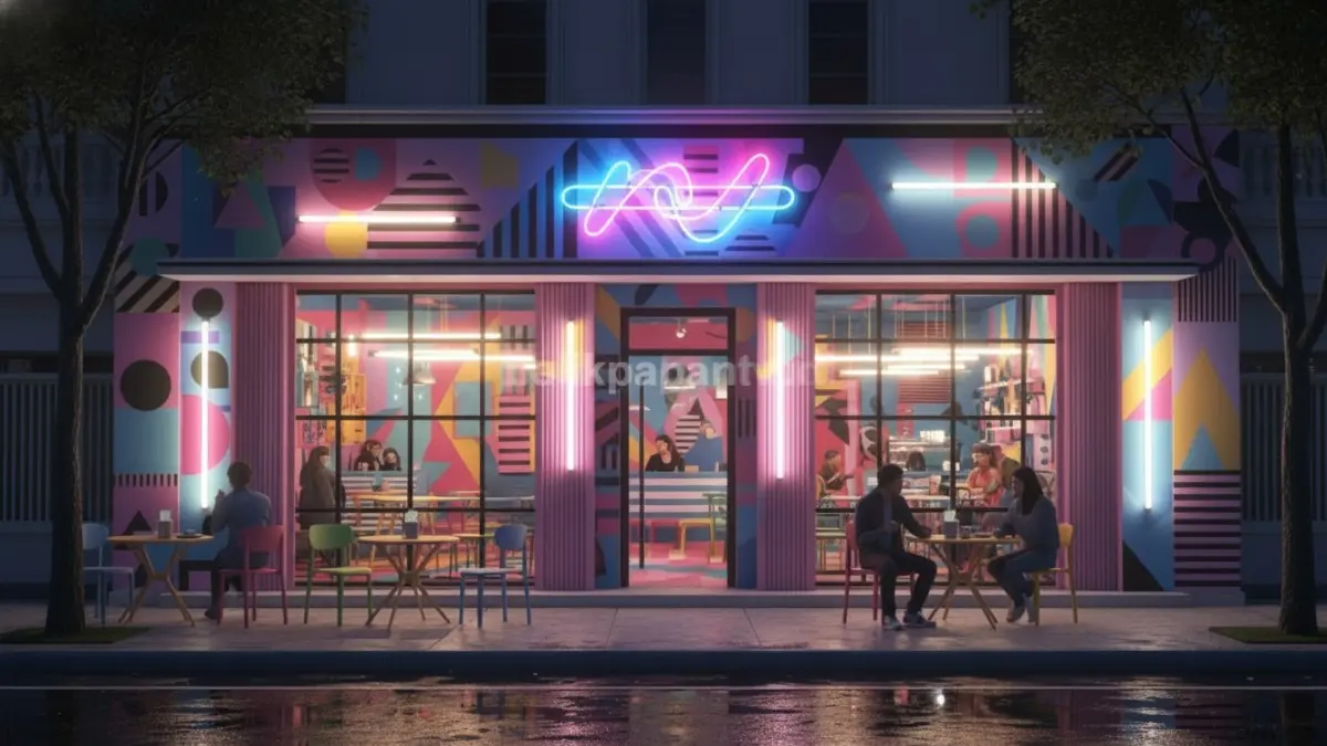 Eksterior kafe warna-warni bergaya Memphis Italia
