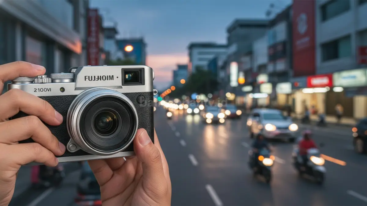 Fujifilm X100VI dengan desain retro premium saat digunakan memotret suasana jalan perkotaan. (BTV/Ai)