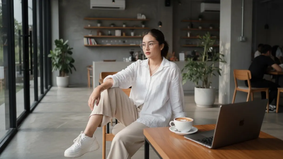 Gaya daily casual santai di coffee shop dengan outfit oversized modern
