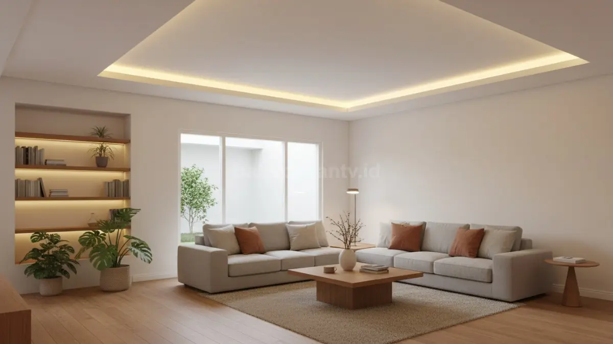 Hidden ceiling LED warm white pada ruang keluarga minimalis modern dengan suasana hangat dan elegan (BTV/Ai)
