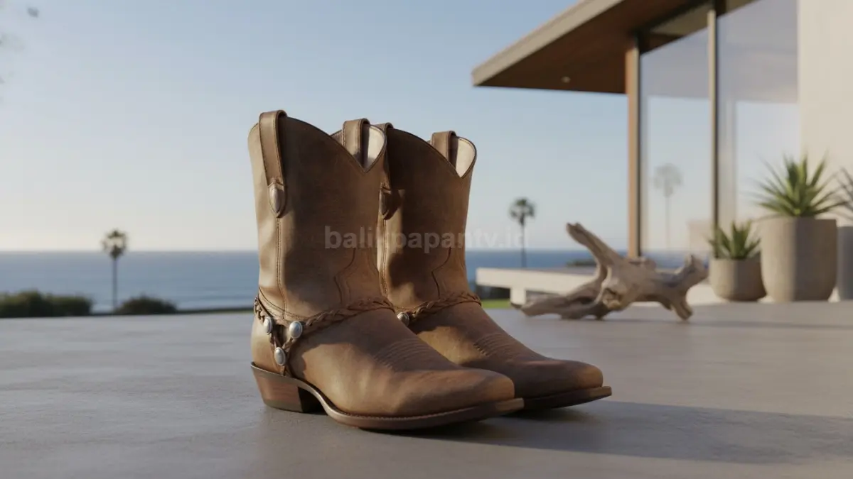 Inspirasi boots pendek warna cokelat untuk tampilan coastal cowboy yang santai dan modern
