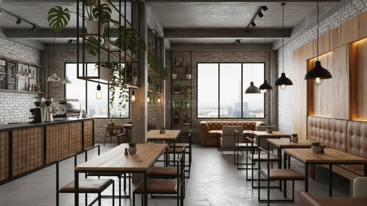Interior kafe industrial hangat dengan baja hitam, meja kayu natural, dan cahaya nyaman modern