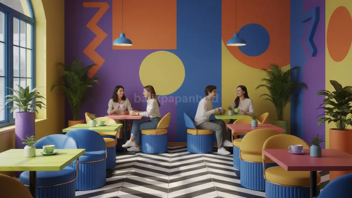 Interior kafe warna-warni bergaya Memphis Italia dengan kursi dan lantai unik