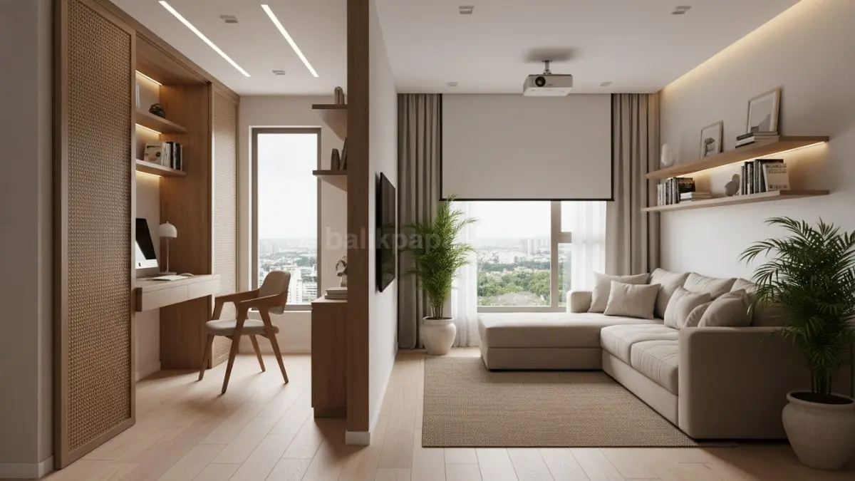 Interior multifungsi dengan sofa bed dan meja lipat pada ruang modern minimalis. (BTV/Ai)