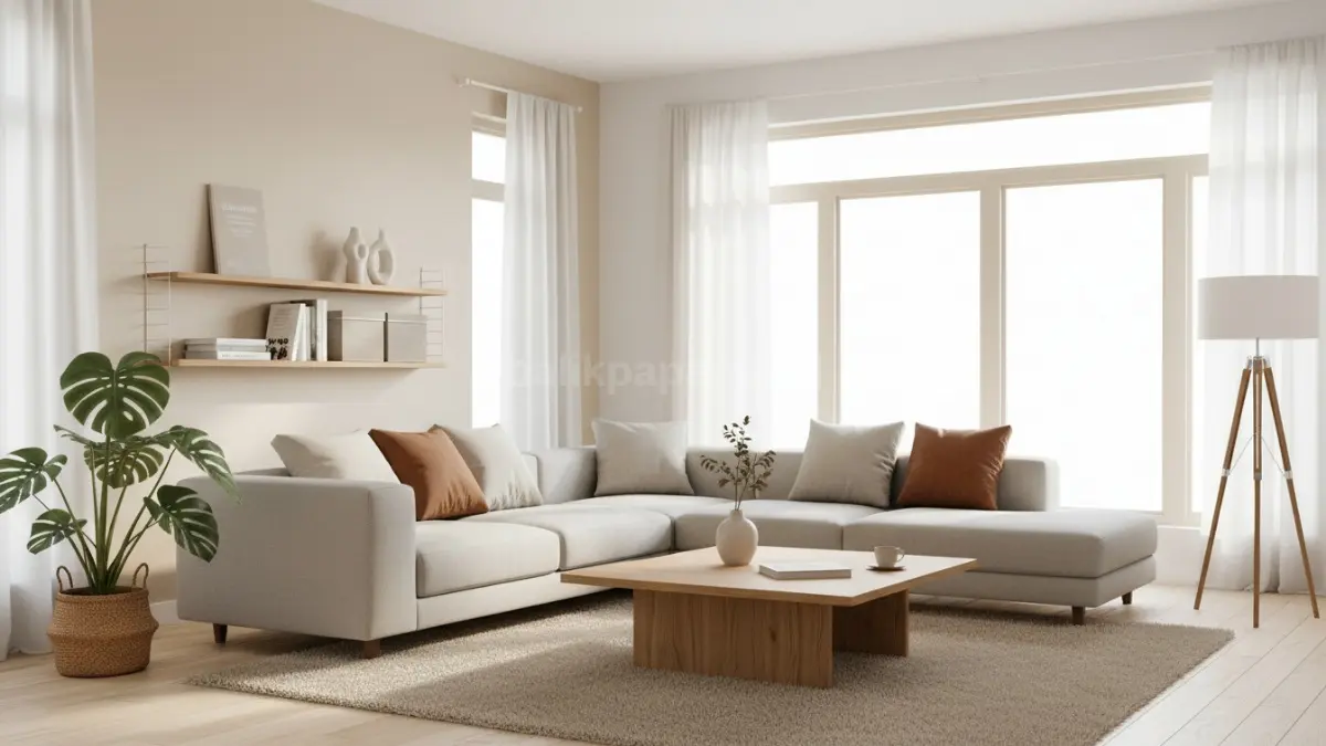 Interior ruang tamu desain Japandi dengan furnitur kayu alami dan pencahayaan hangat modern. (BTV/Ai)