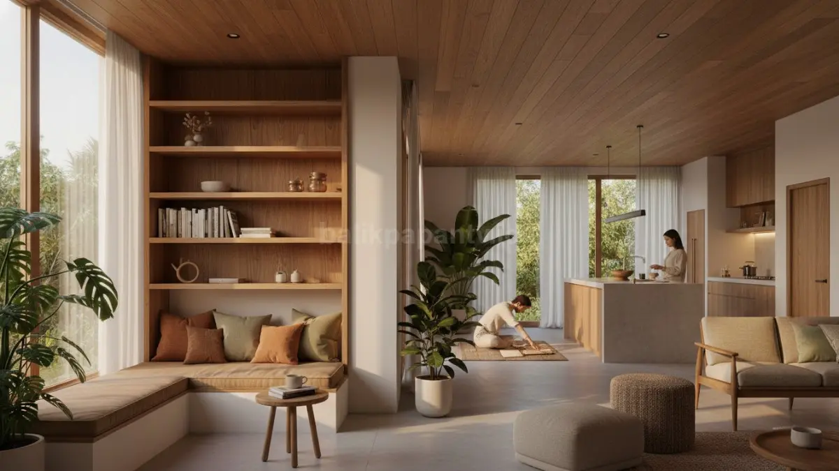 Interior rumah minimalis modern 2026 dengan warna earthy, sofa organik, dan cahaya alami hangat. (BTV/Ai)