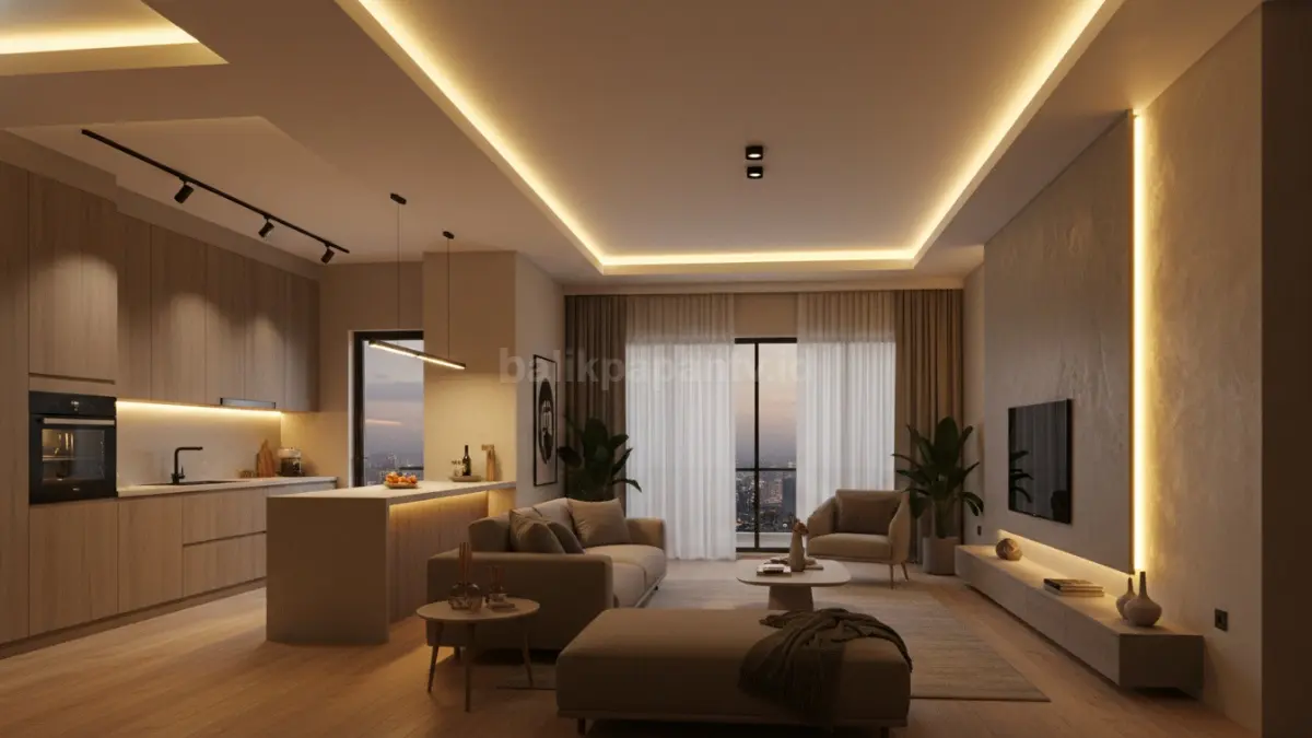 Interior rumah modern 2026 dengan hidden LED warm white dan suasana cinematic yang nyaman (BTV/Ai)