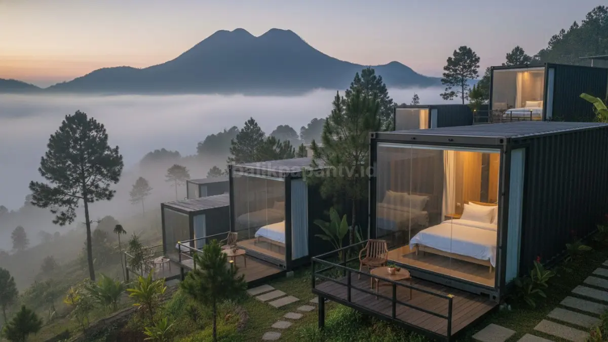 Kabin kaca panorama modern menghadirkan pemandangan kabut pagi romantis langsung dari tempat tidur wisatawan.
