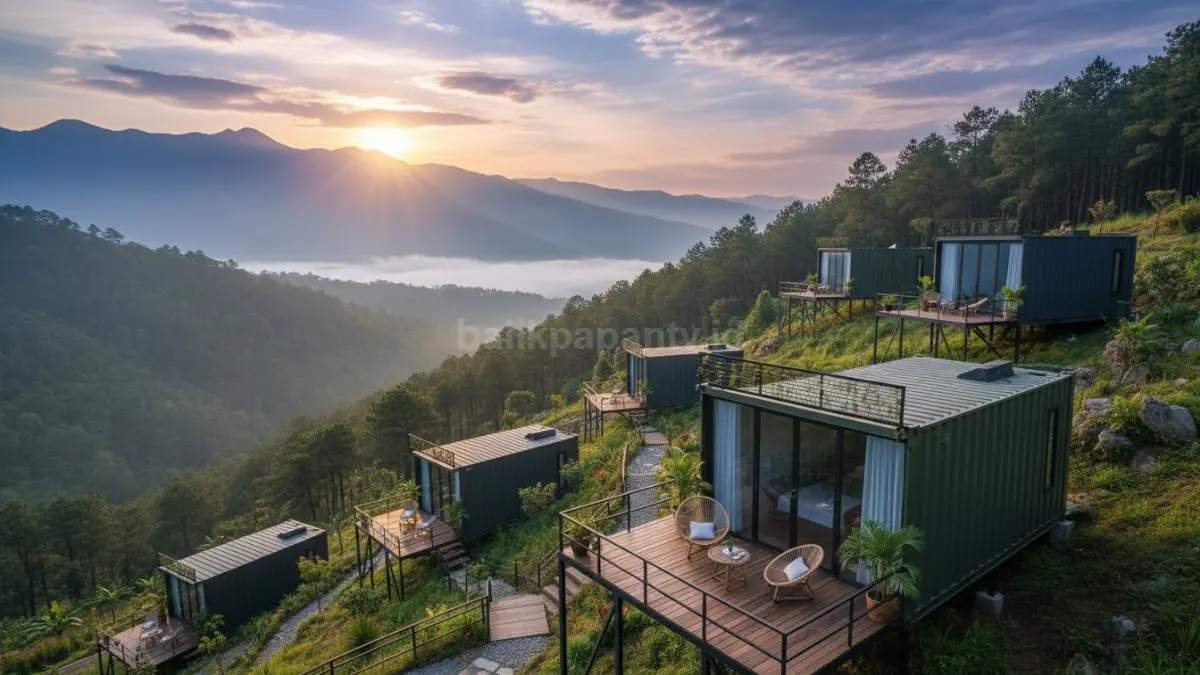 Kabin kontainer berpemandangan hutan di lereng pegunungan dengan teras kayu privat menghadirkan pengalaman menginap tenang romantis alami
