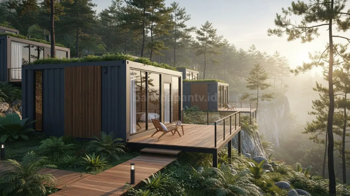 Kabin kontainer menghadap hutan pinus dengan teras kayu privat, cocok staycation tenang romantis dan modern.