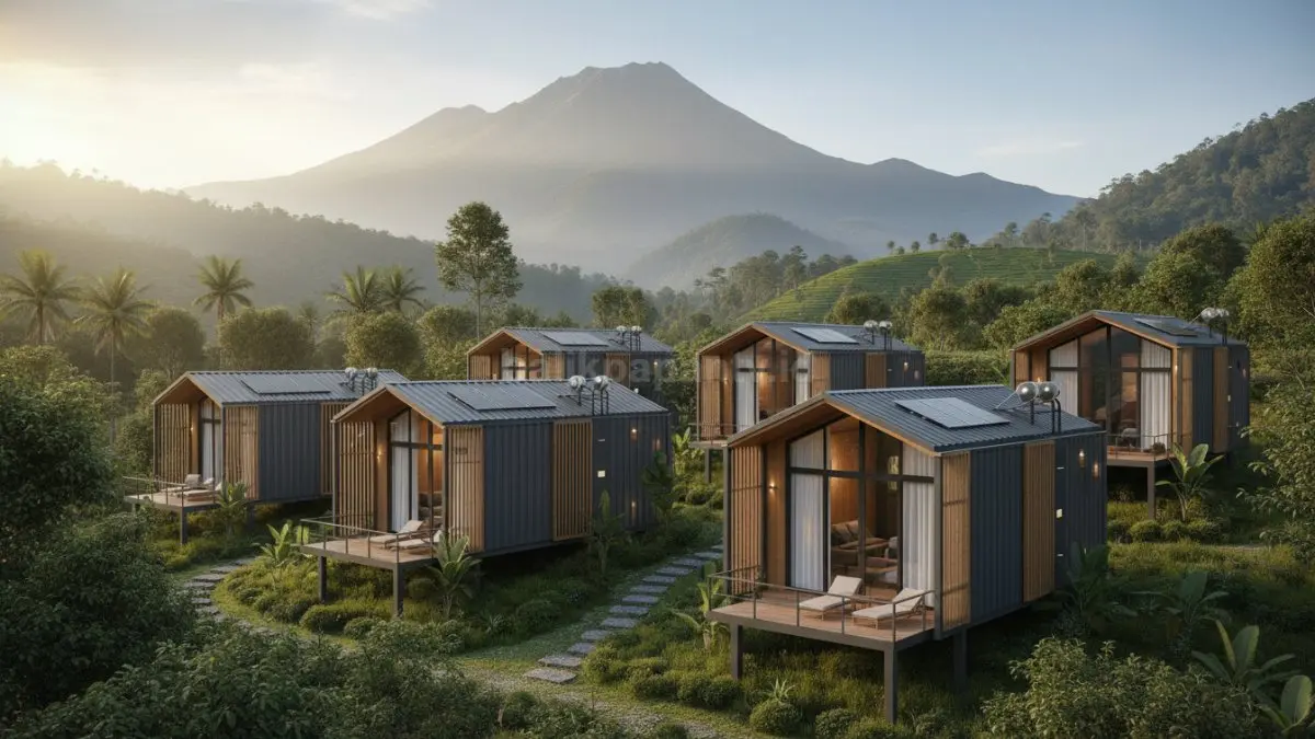 Kabin minimalis memanfaatkan ventilasi silang, panel surya, serta pencahayaan alami untuk mengurangi biaya listrik pegunungan.