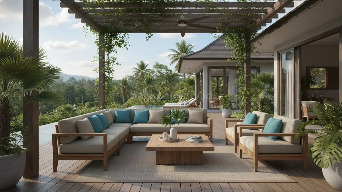 Kain acrylic outdoor tahan lembap dan warna awet untuk cushion rumah modern tropis masa kini.  (BTV/AI) 
