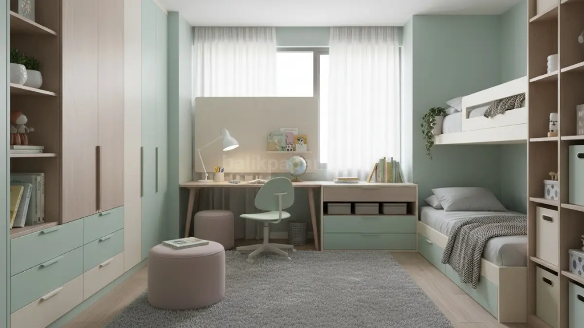 Kamar anak modern warna pastel dengan storage pintar dan sudut belajar minimalis yang nyaman dipakai sehari-hari (BTV/Ai)