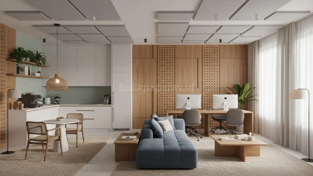 Karpet tekstur tebal, sofa fabric, tirai linen, hingga panel kayu berlubang membantu meredam gema dalam ruangan. (BTV/Ai)