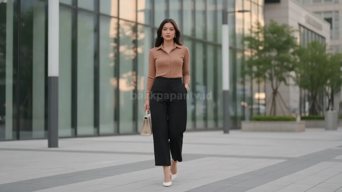 Kemeja fitted cokelat susu dan kulot hitam tampil clean luxury ala urban Korea modern 2026.  (BTV/AI)