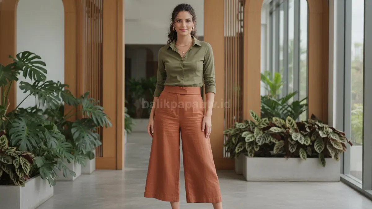 Kemeja fitted dan celana kulot high waist tampil modern menciptakan siluet tubuh proporsional  (BTV/AI)