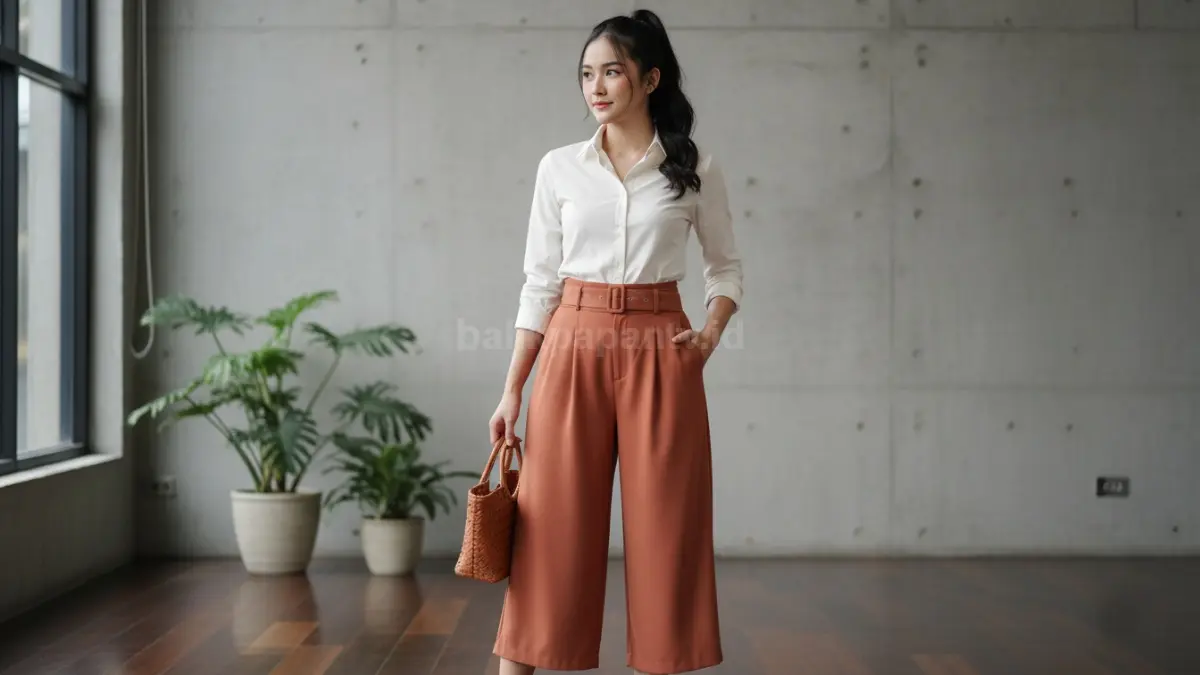 Kemeja fitted dan kulot high waist bantu tubuh terlihat proporsional jenjang modern sepanjang aktivitas harian. (BTV/AI)